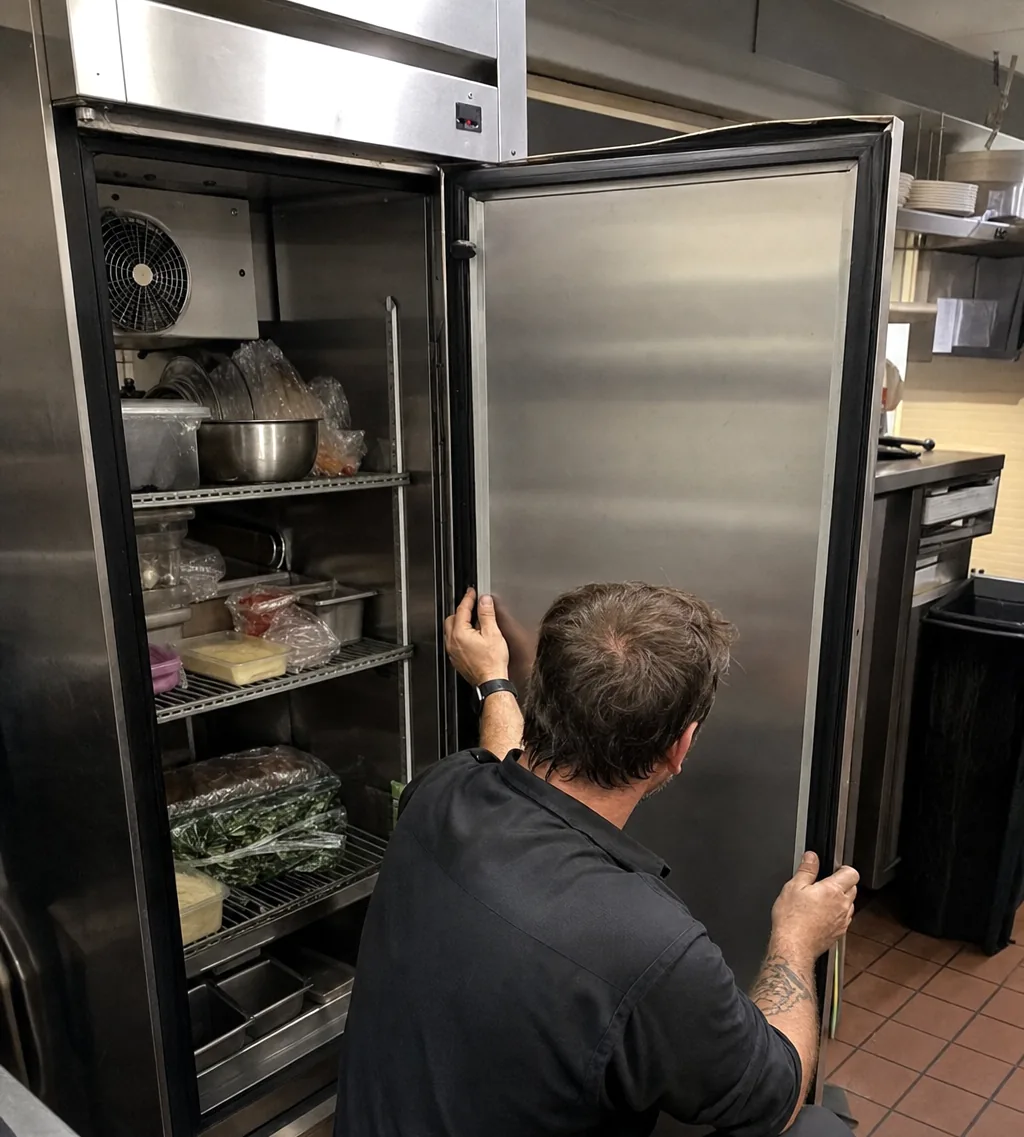 A technician crouched in front of an open stainless refrigerator, one hand on the door edge and one on the frame.