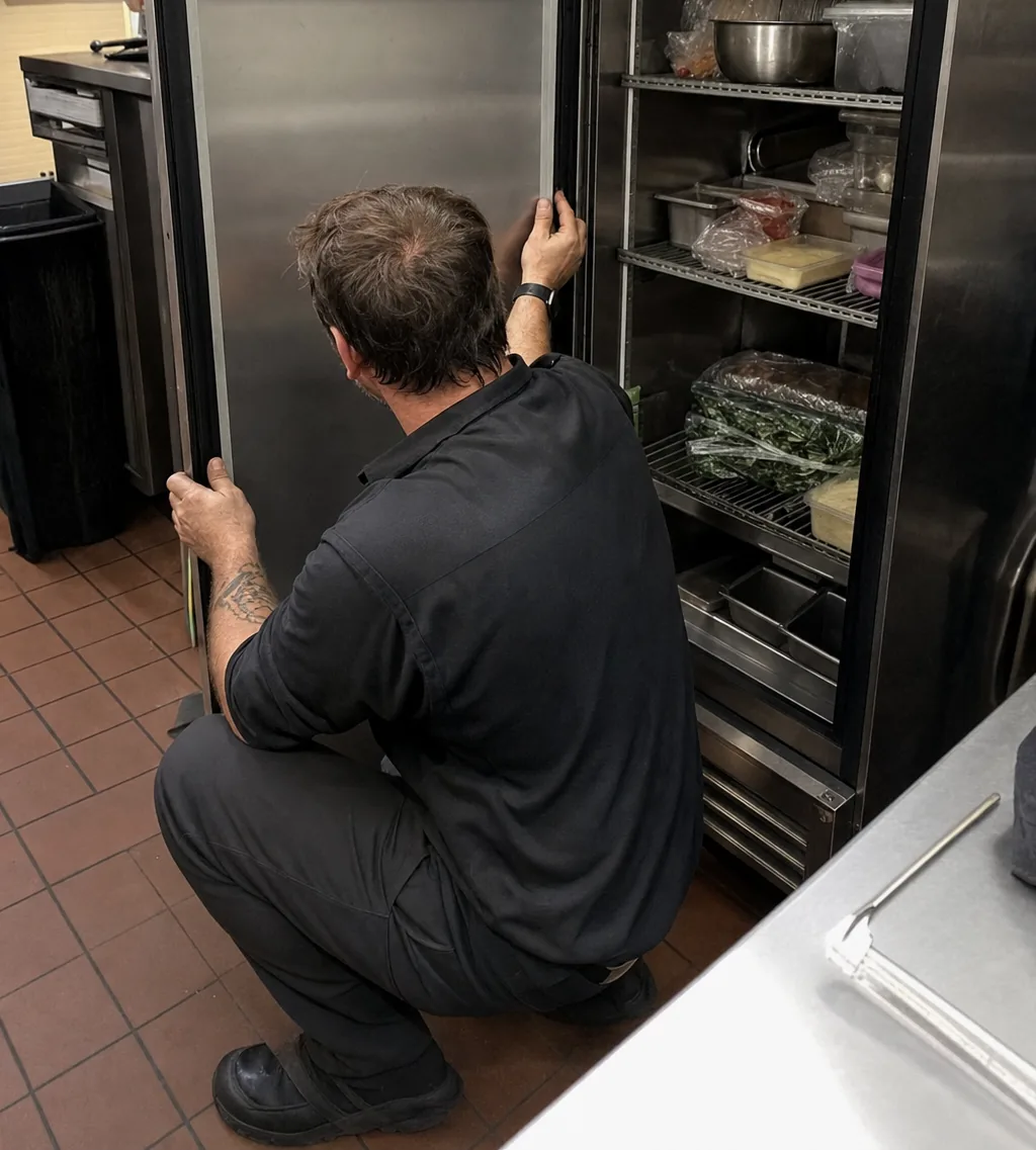 A stainless refrigerator standing open on a tiled floor, a technician crouched at the gasket with both hands on the door.