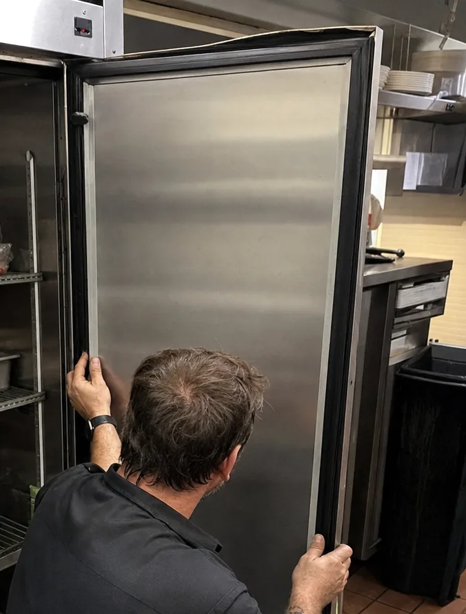 The edge of an open refrigerator door held by a technician, the kitchen behind it out of focus.