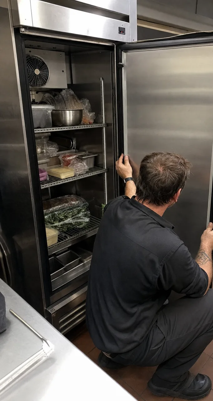 A technician crouched at the open door of a stainless reach-in, pressing along the gasket edge, with the evaporator fan housing visible at the top of the cabinet.