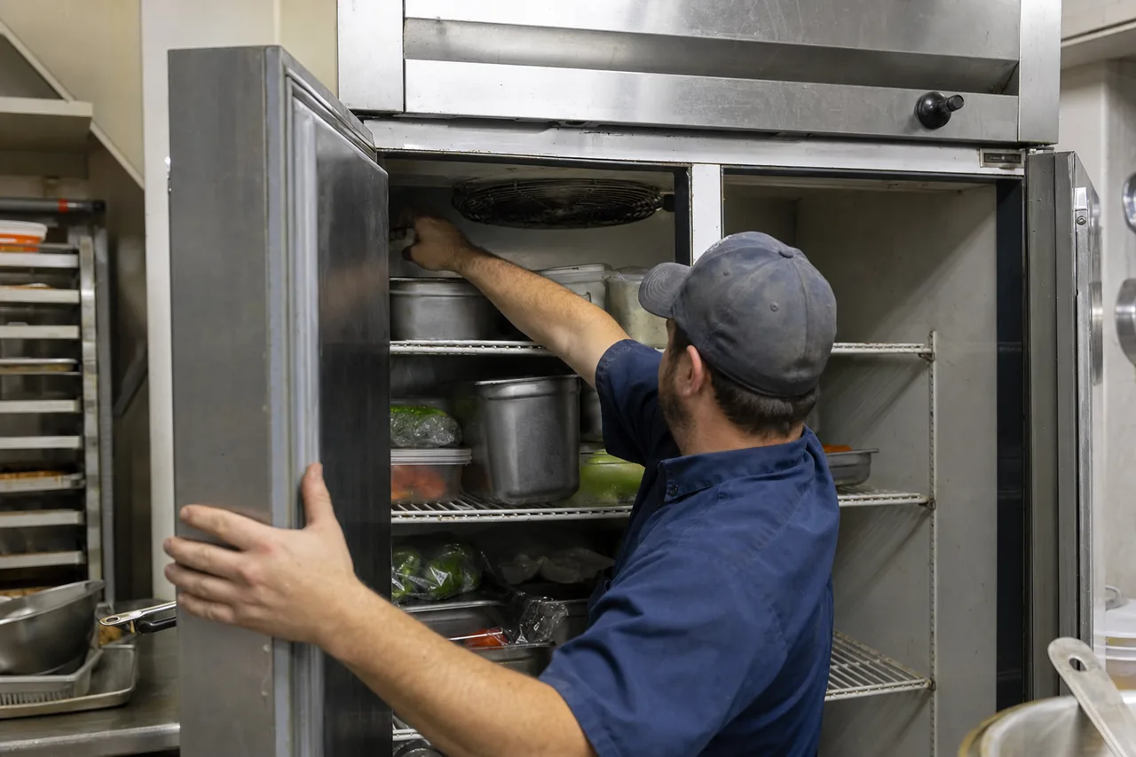 A technician in a blue shirt and cap holding a refrigerator door open and reaching to the fan grille at the top of the cabinet.