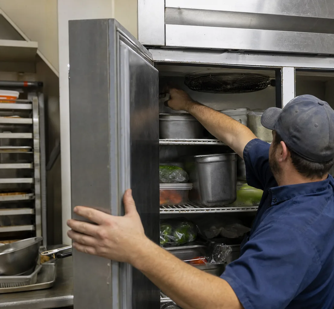 A hand holding a refrigerator door wide while the other reaches inside toward the top of the cabinet.