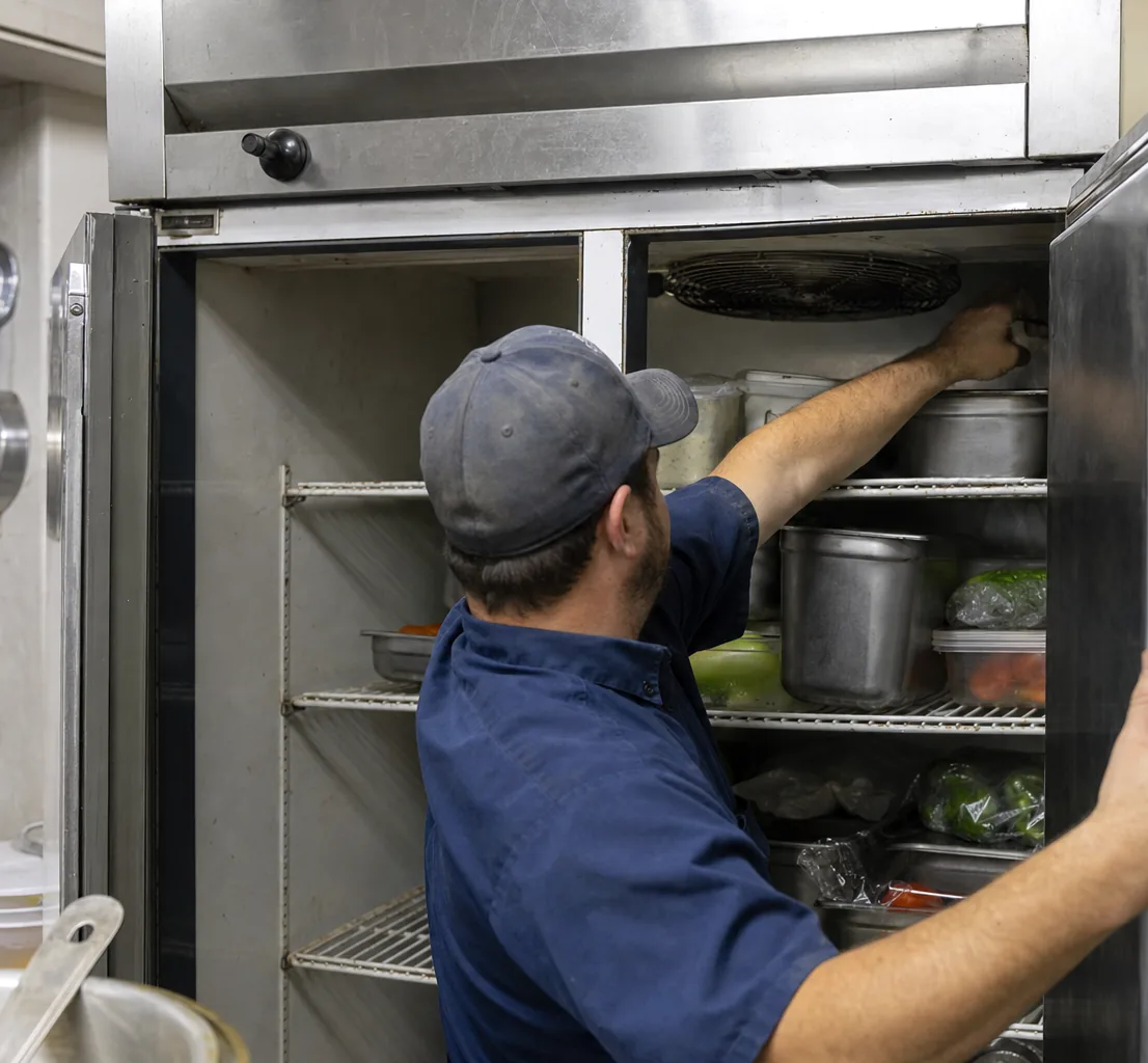 A technician working inside an open refrigerator, one hand on the fan housing and the door braced against his shoulder.