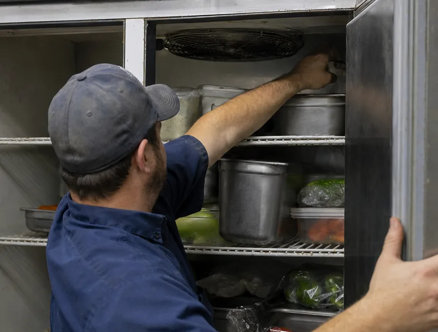 A close view inside a refrigerator cabinet: a hand at the fan housing above the top shelf, food pans below it.