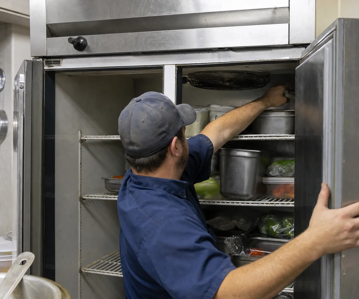 A technician in a cap and navy shirt reaching up to the round fan guard at the top of an open two-door stainless refrigerator stocked with pans and produce.